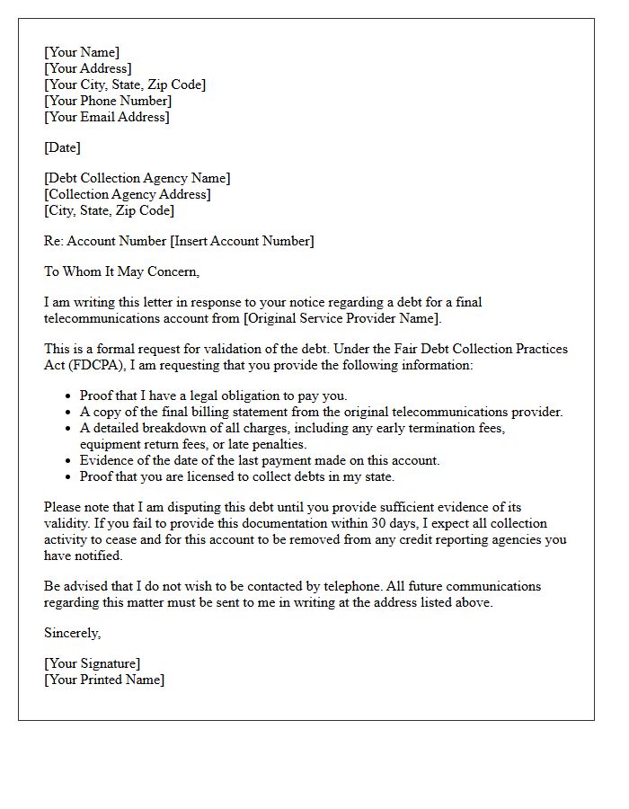 Final Telecommunications Account Debt Validation Letter
