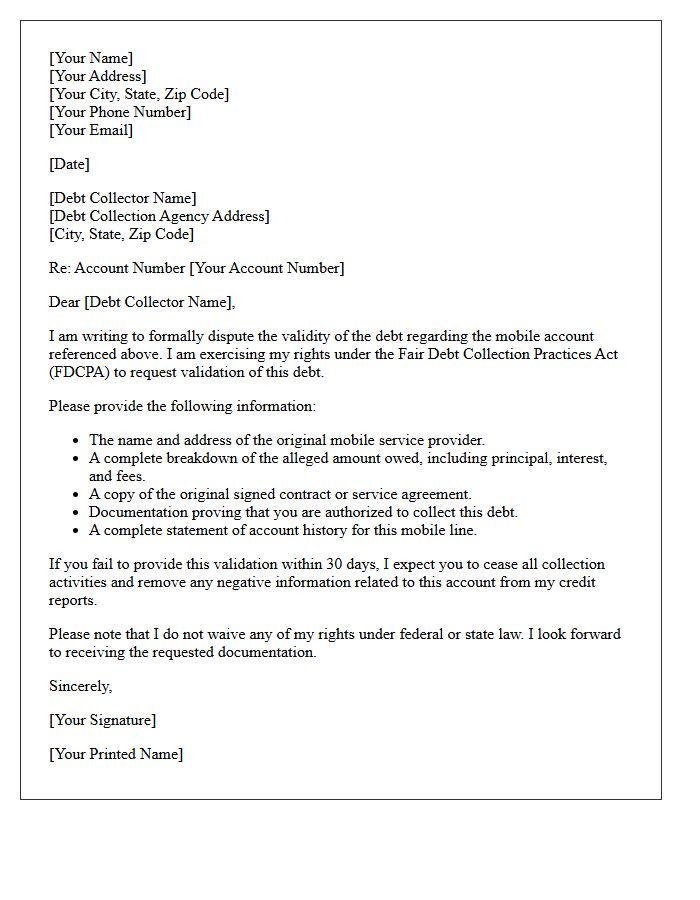 Overdue Mobile Account Debt Validation Notice Letter