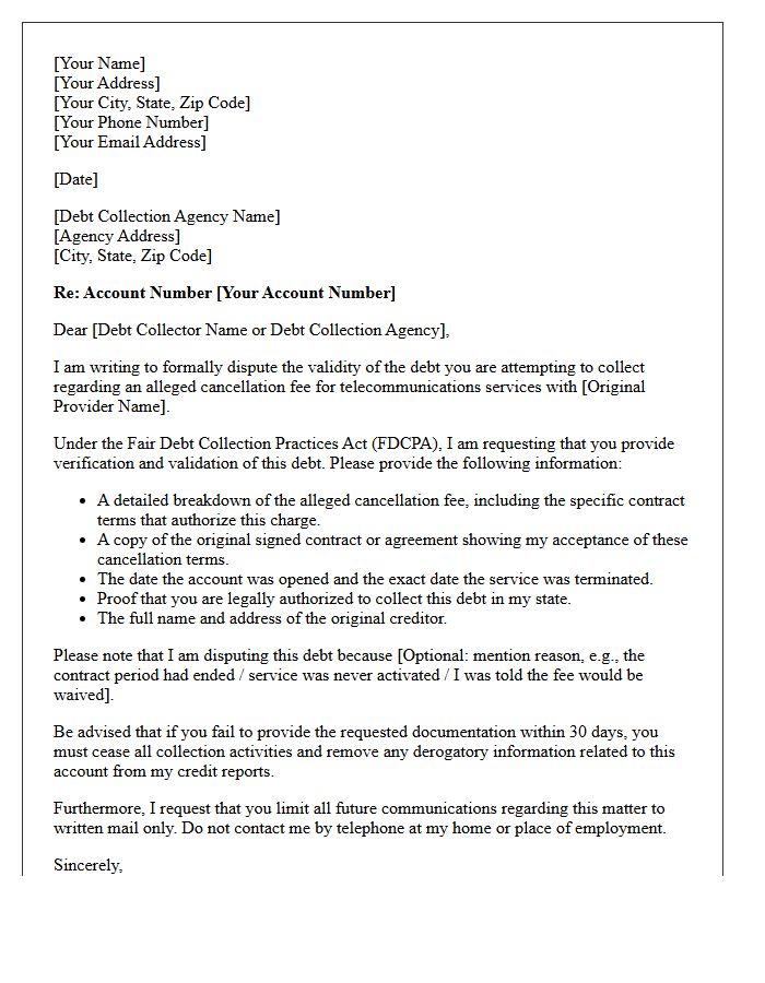 Telecommunications Cancellation Fee Debt Validation Letter