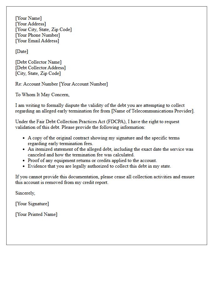 Telecommunications Contract Early Termination Debt Validation Letter
