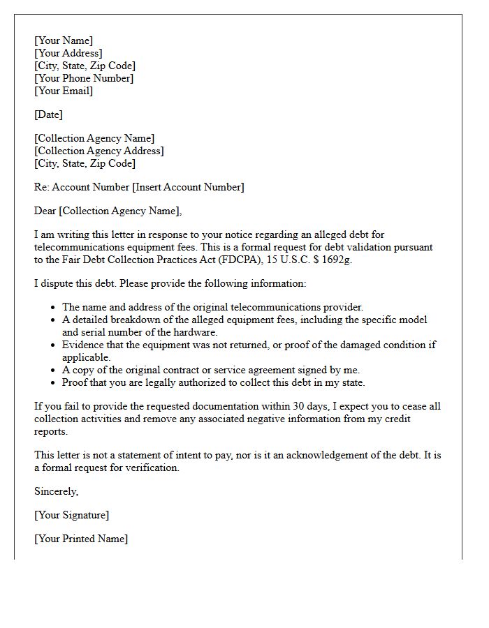 Telecommunications Equipment Fee Debt Validation Letter