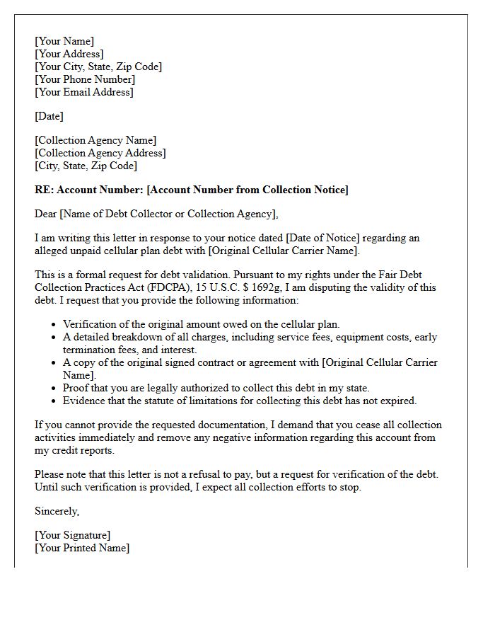 Unpaid Cellular Plan Debt Validation Notice Letter