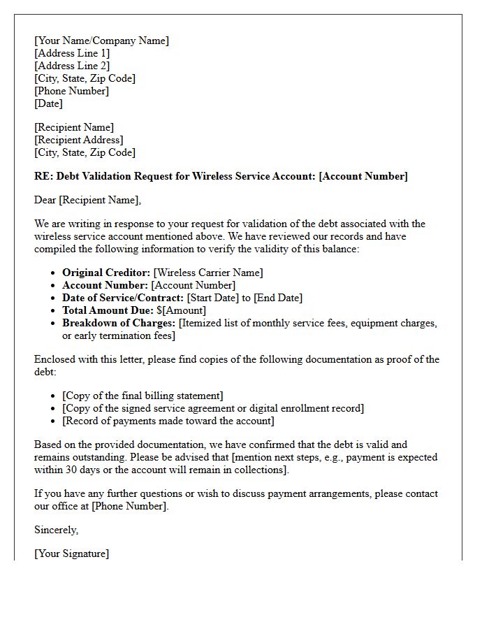 Wireless Service Debt Validation Request Response Letter