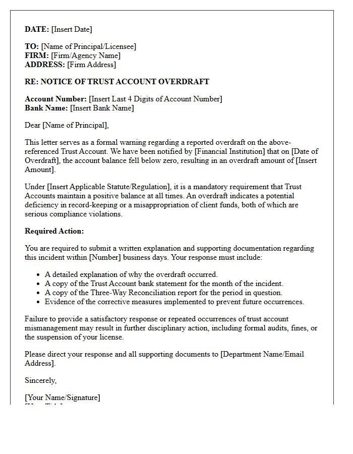 Compliance Warning Letter for Trust Account Overdraft