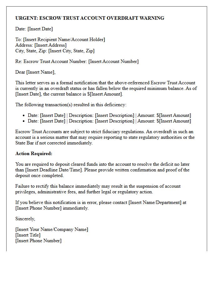 Escrow Trust Account Overdraft Warning Letter