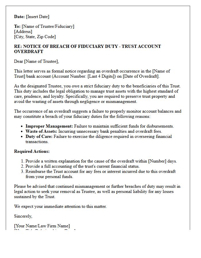 Fiduciary Duty Breach Warning Letter for Trust Account Overdraft