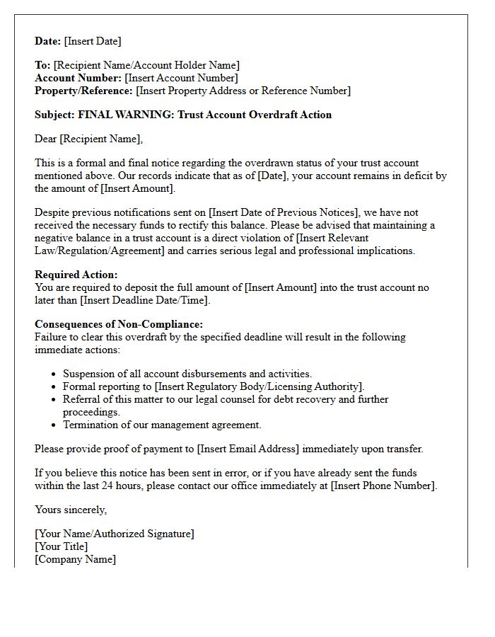 Final Warning Letter for Trust Account Overdraft Action