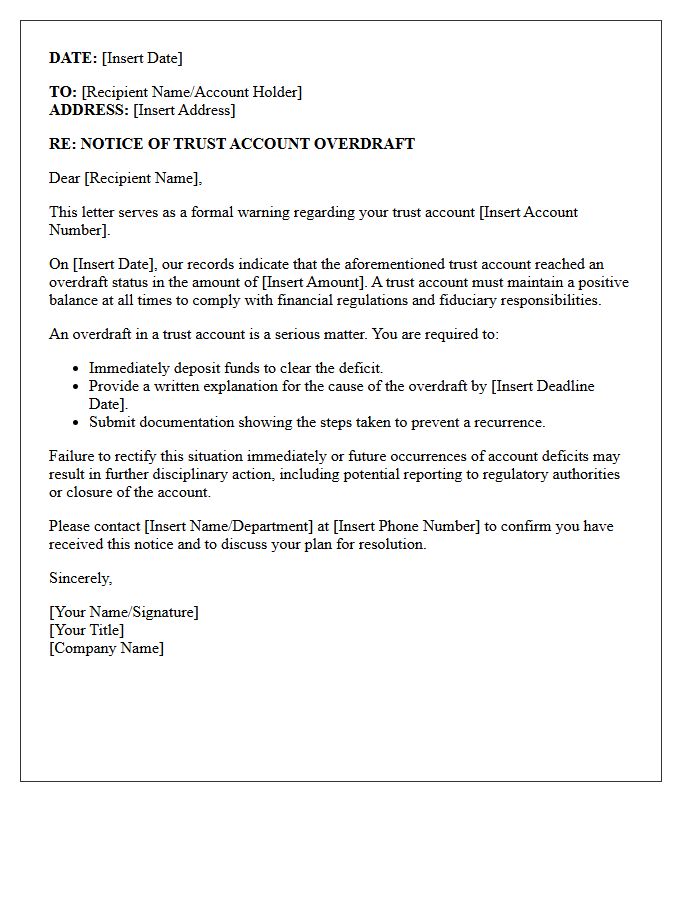 First Warning Letter for Trust Account Overdraft
