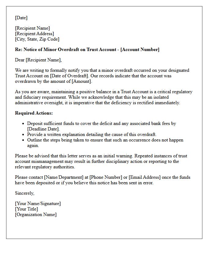 Initial Warning Letter for Minor Trust Account Overdraft