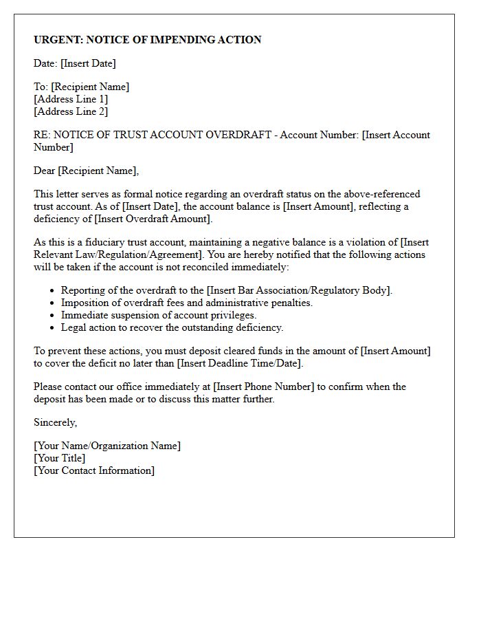 Letter of Impending Action for Trust Account Overdraft