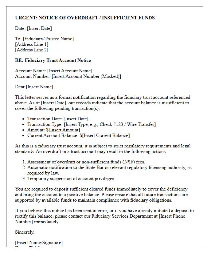 Letter of Overdraft Warning for Fiduciary Trust Account