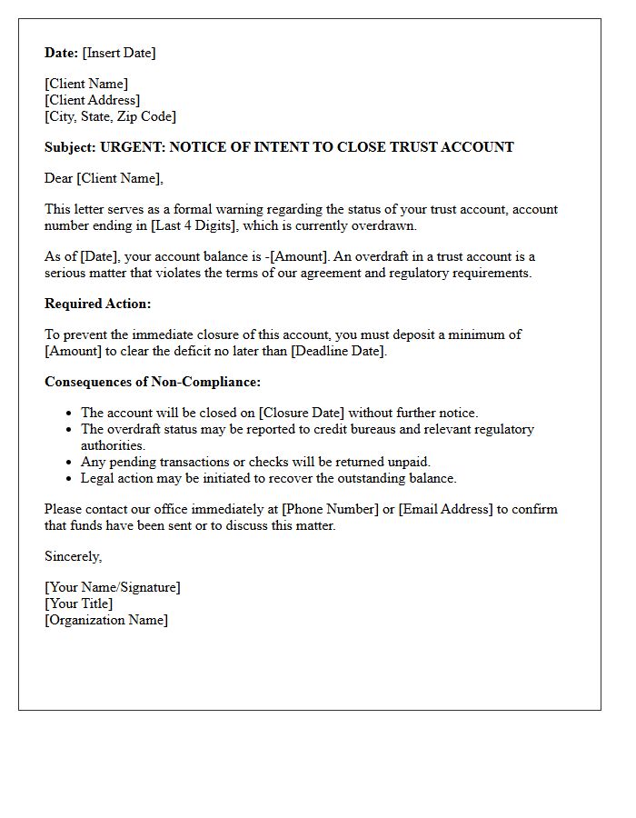 Pre-Closure Warning Letter for Trust Account Overdraft