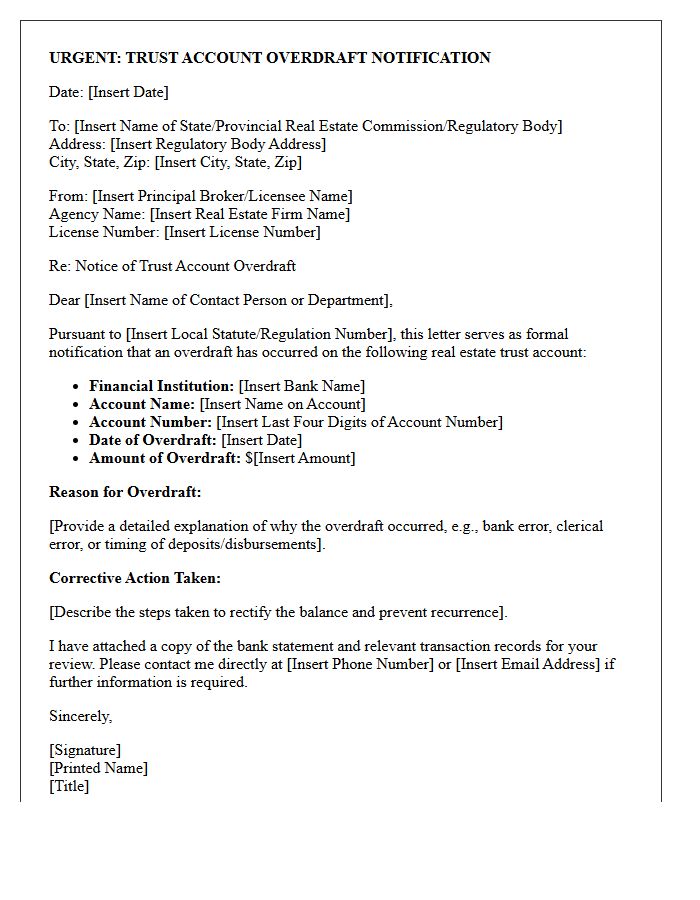 Real Estate Trust Account Overdraft Notification Letter