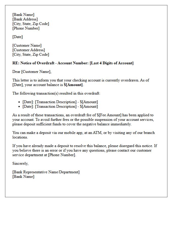 Checking Account Overdraft Notice Letter