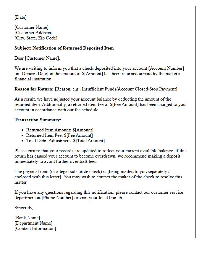 Returned Deposited Item Notification Letter