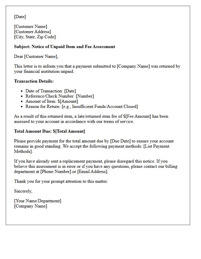 Unpaid Item and Fee Assessment Letter