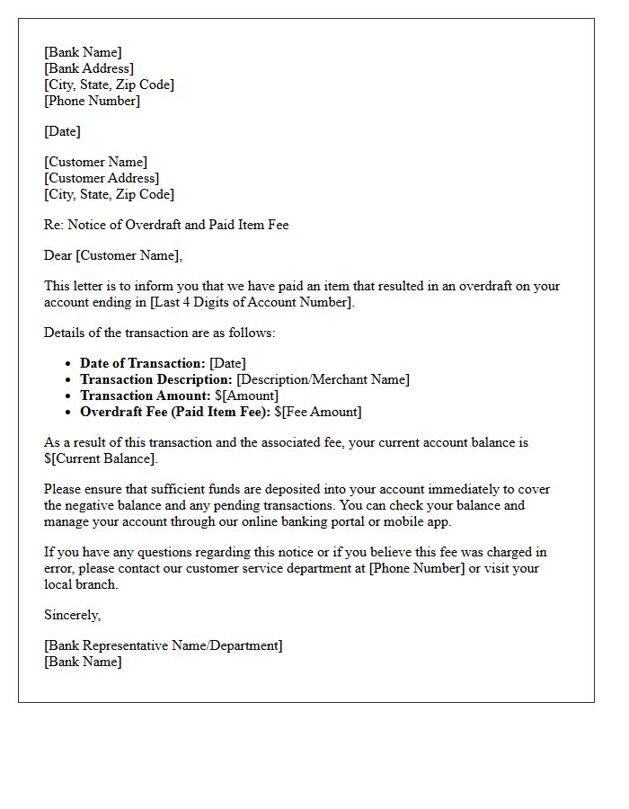 Account Overdraft Fee Paid Item Letter