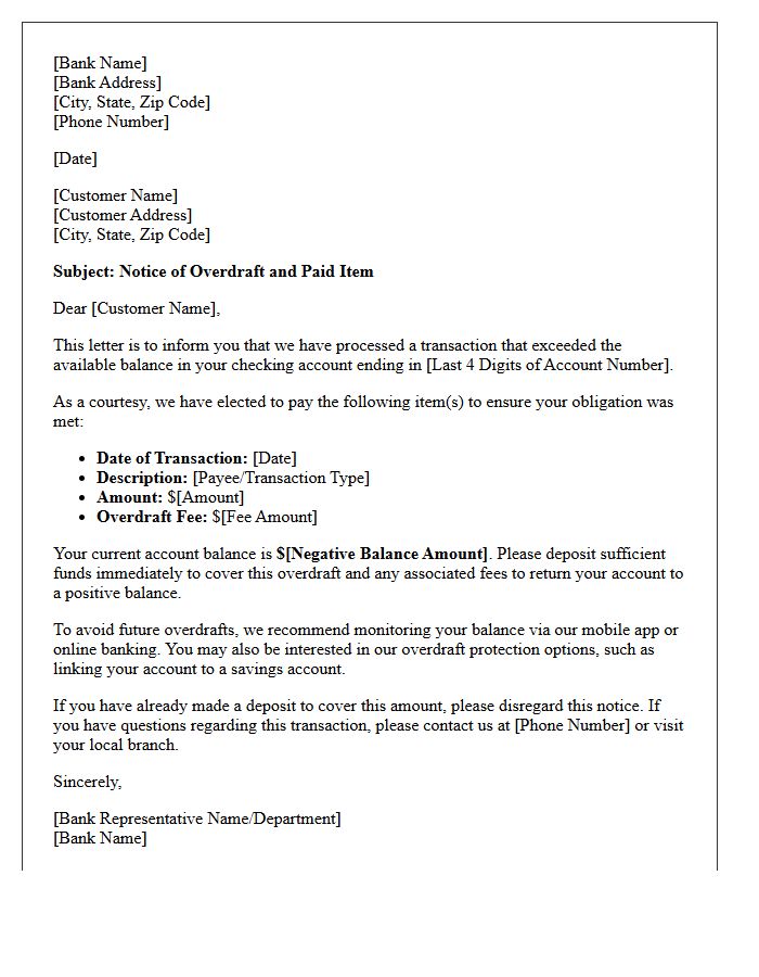Checking Account Paid Item Overdraft Letter