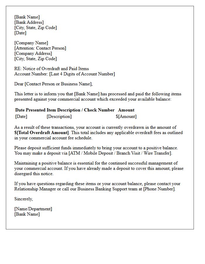Commercial Account Paid Item Overdraft Letter
