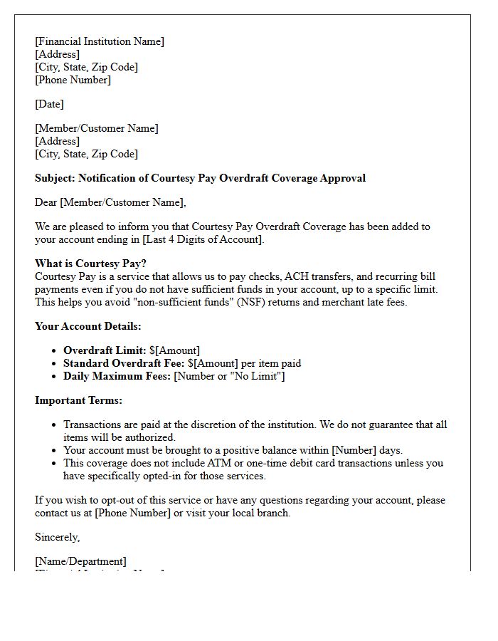 Courtesy Pay Overdraft Approval Letter