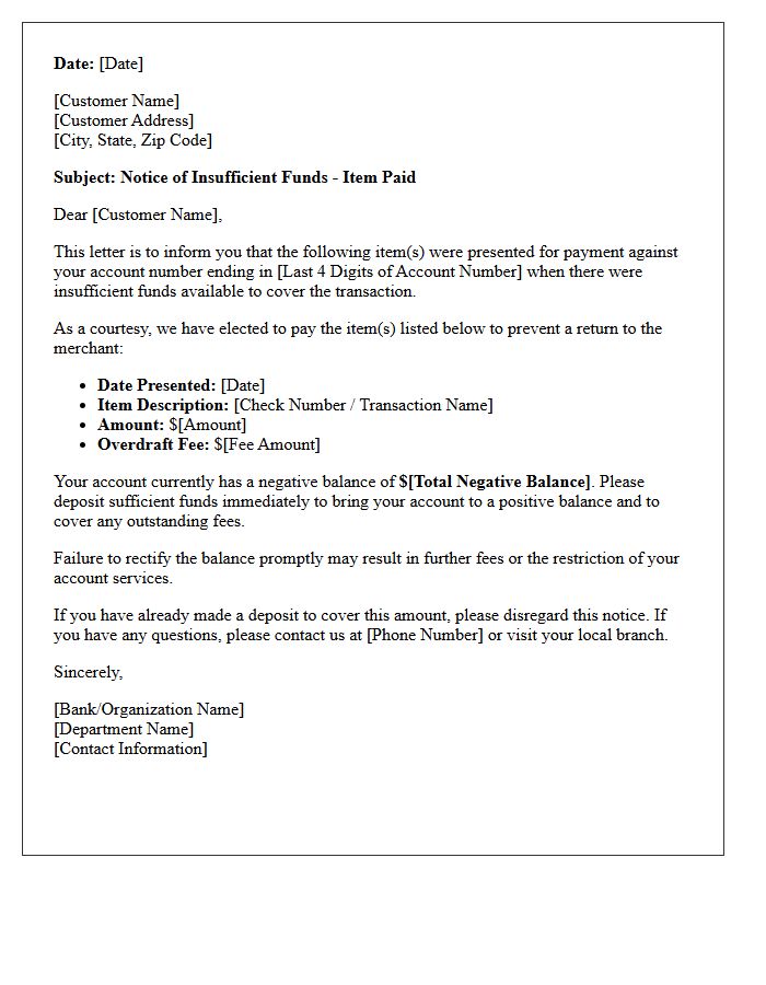 Insufficient Funds Paid Item Notice Letter