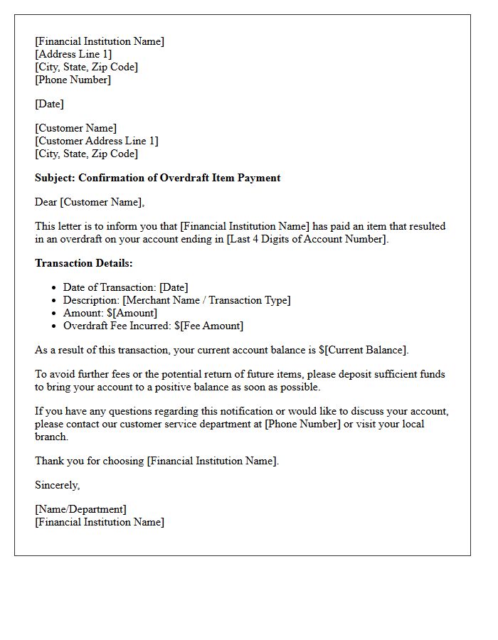 Overdraft Item Payment Confirmation Letter
