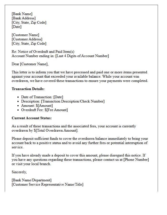 Overdrawn Account Paid Item Letter