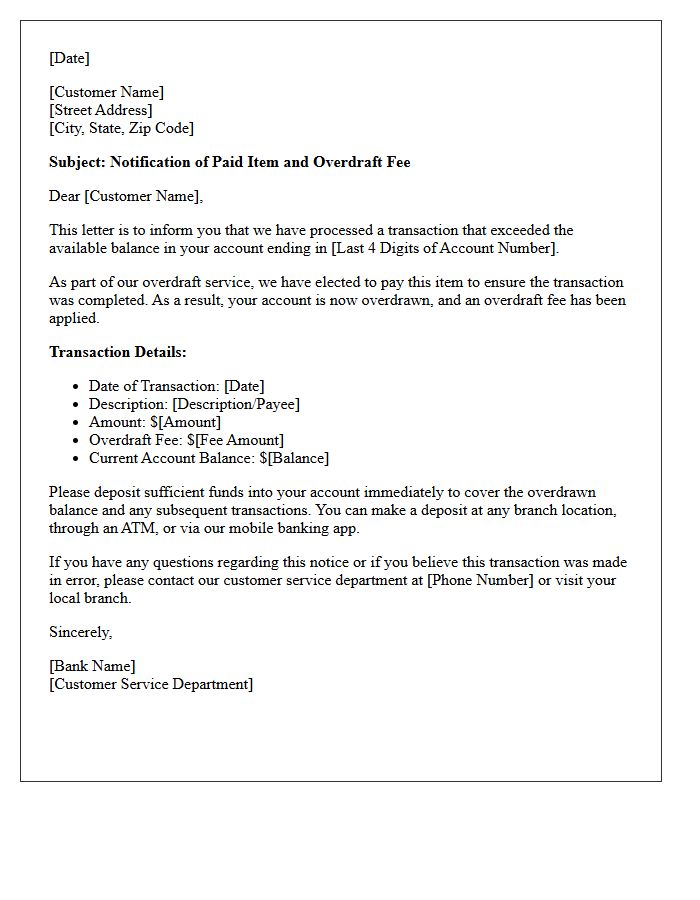 Paid Item Overdraft Notification Letter