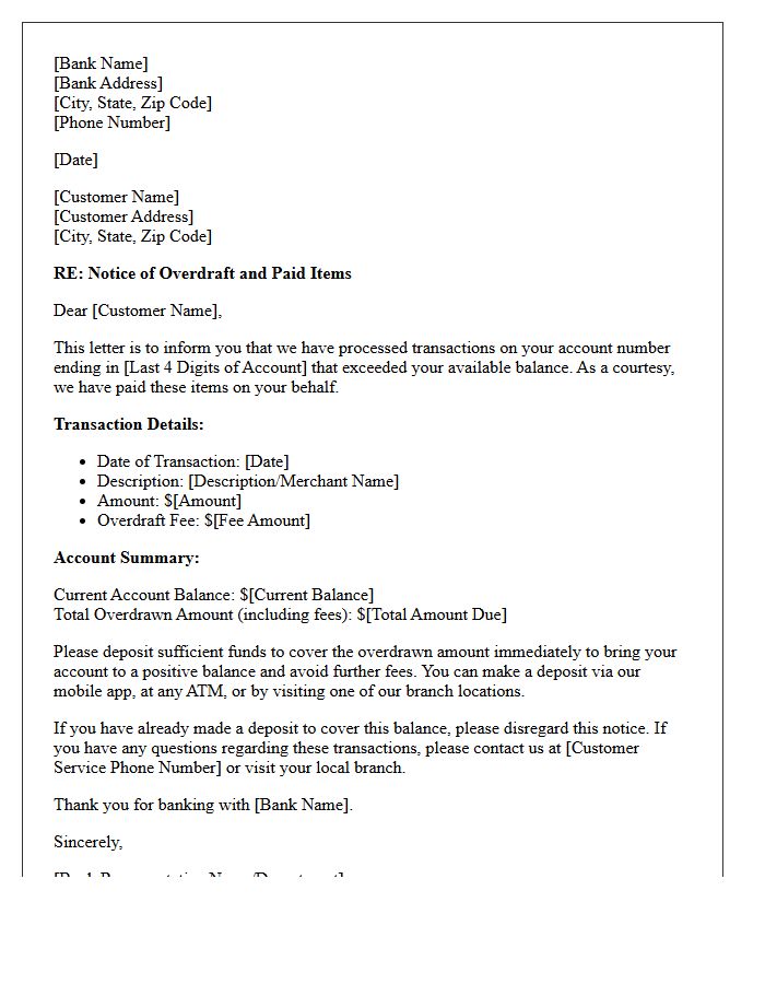 Retail Banking Paid Item Overdraft Letter
