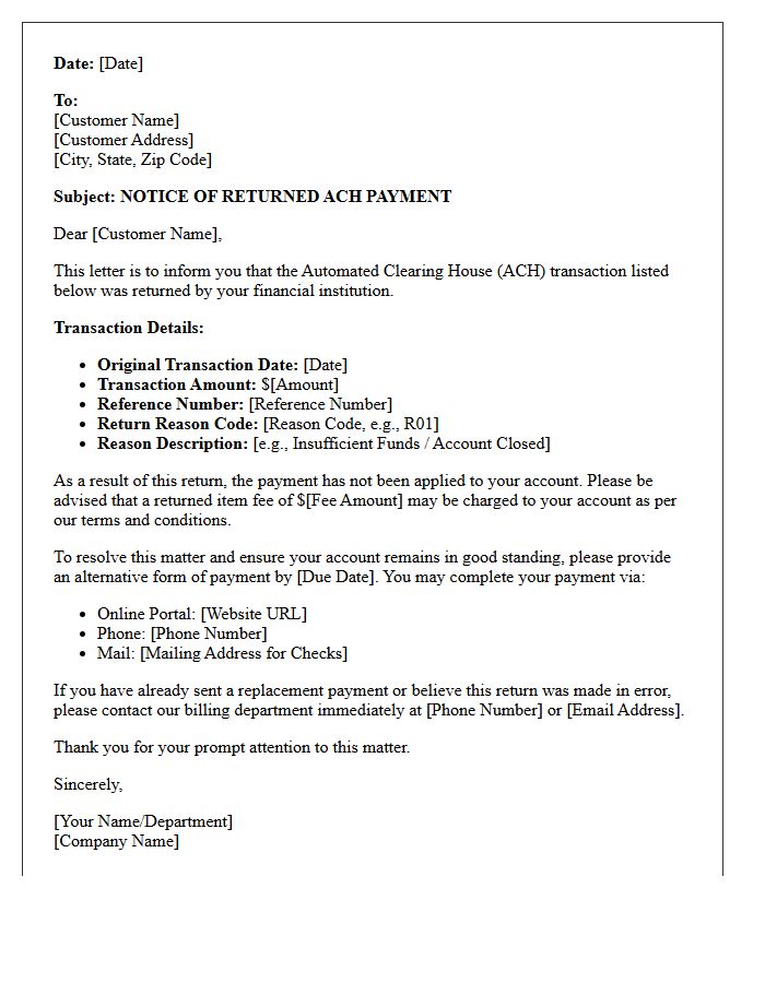 Automated Clearing House Returned Item Notification Letter