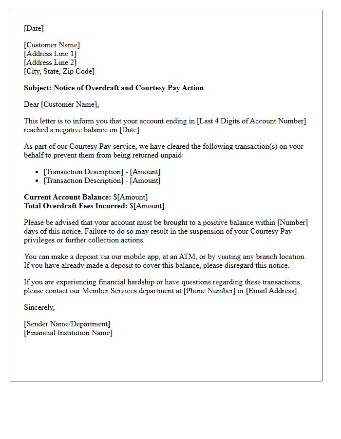 Courtesy Pay Overdraft Action Letter