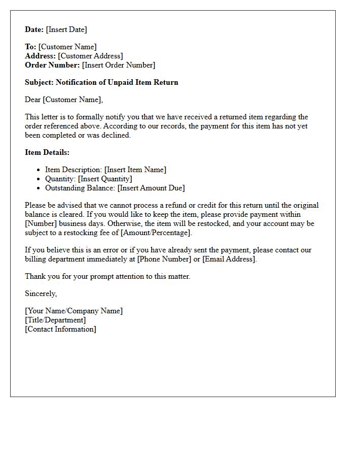 Unpaid Item Return Notification Letter