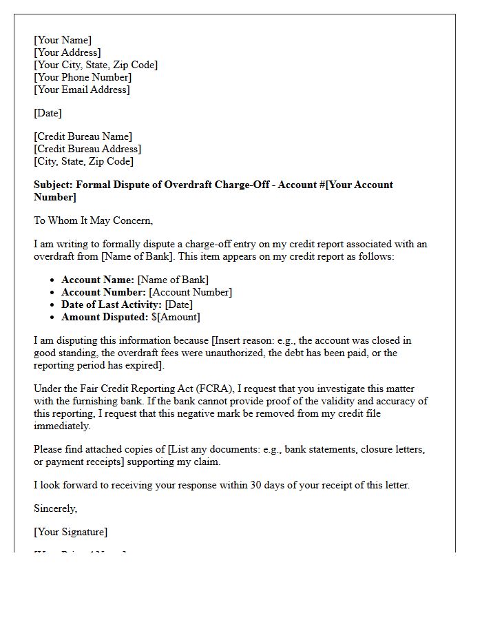 Overdraft Charge-Off Credit Bureau Reporting Letter