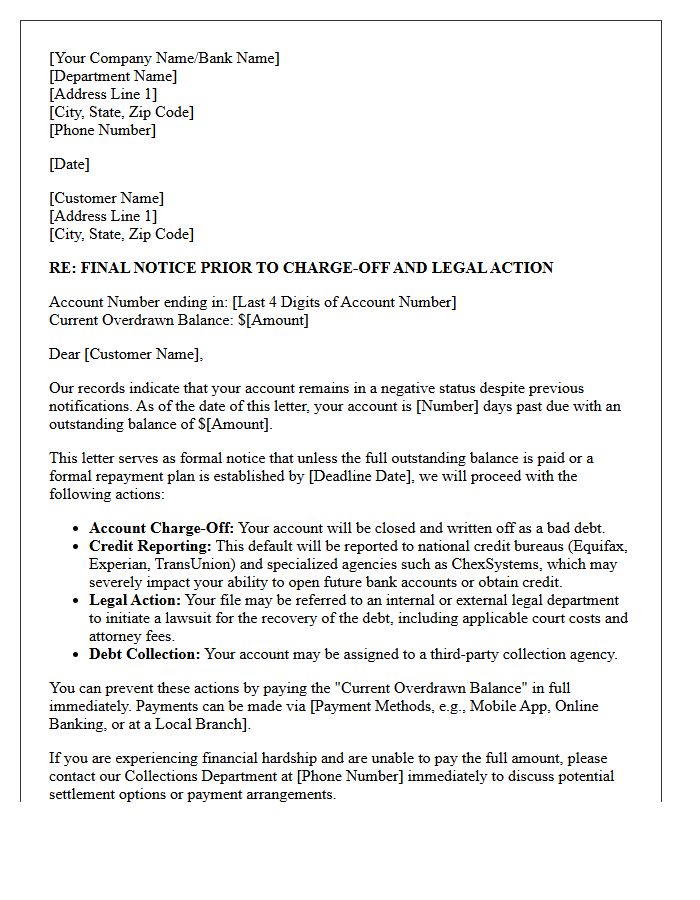 Overdraft Charge-Off Legal Action Warning Letter