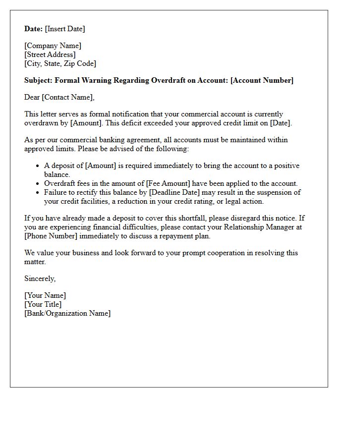 Commercial Account Overdraft Credit Warning Letter