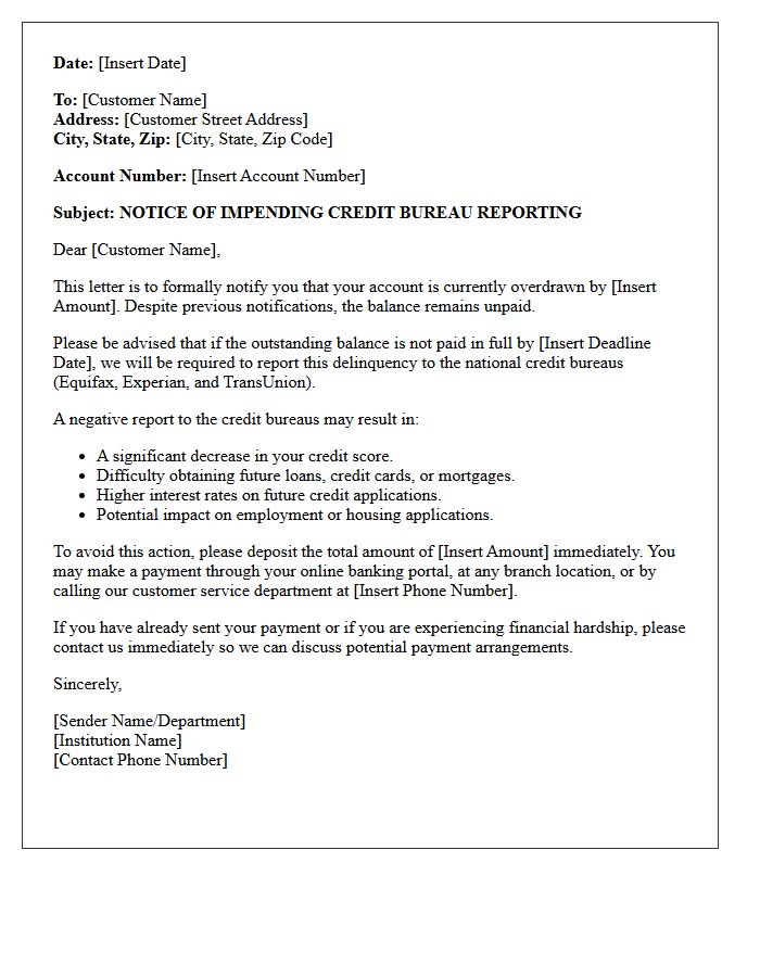 Impending Credit Bureau Overdraft Warning Letter