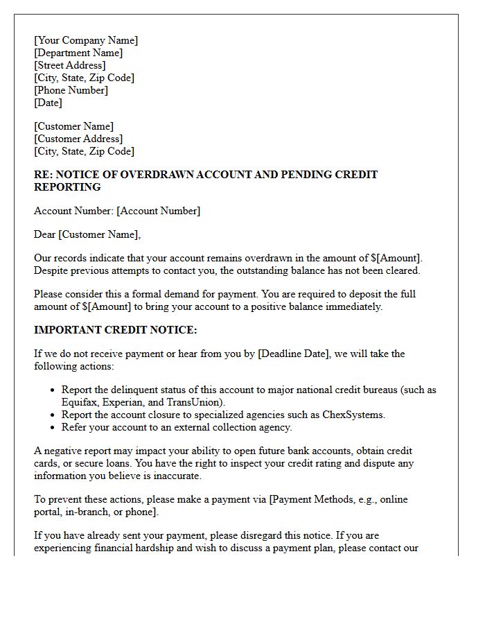 Overdraft Recovery And Credit Bureau Alert Letter