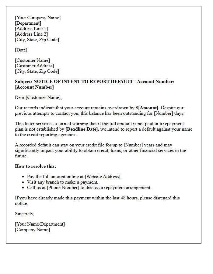 Pre-Reporting Overdraft Default Warning Letter