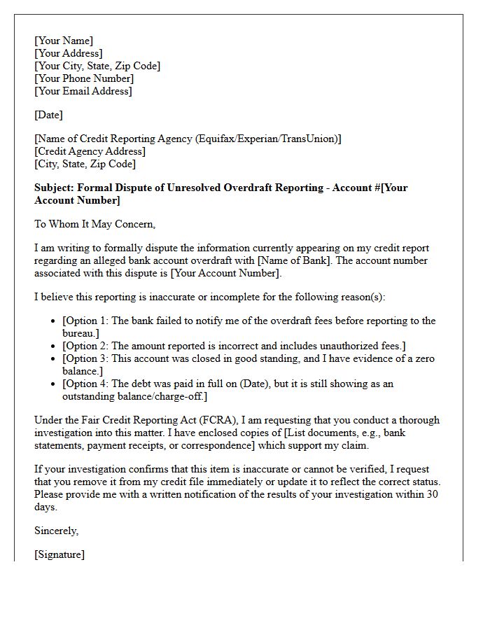 Unresolved Overdraft Credit Bureau Reporting Letter