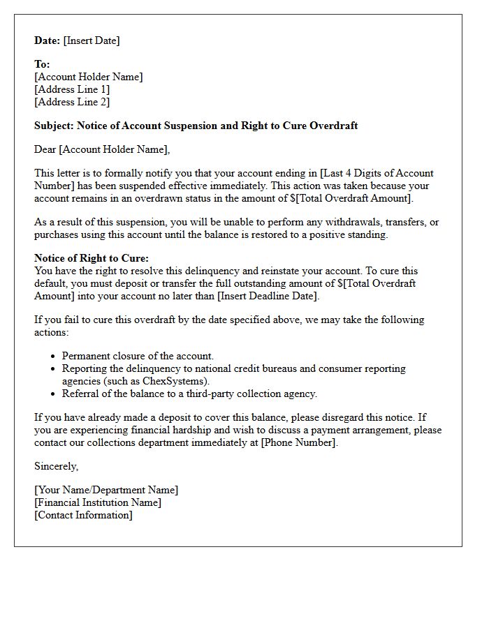 Account Suspension and Right to Cure Overdraft Letter