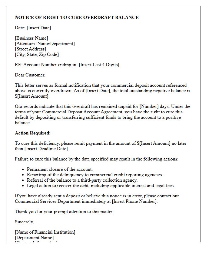 Commercial Account Right to Cure Overdraft Balance Letter
