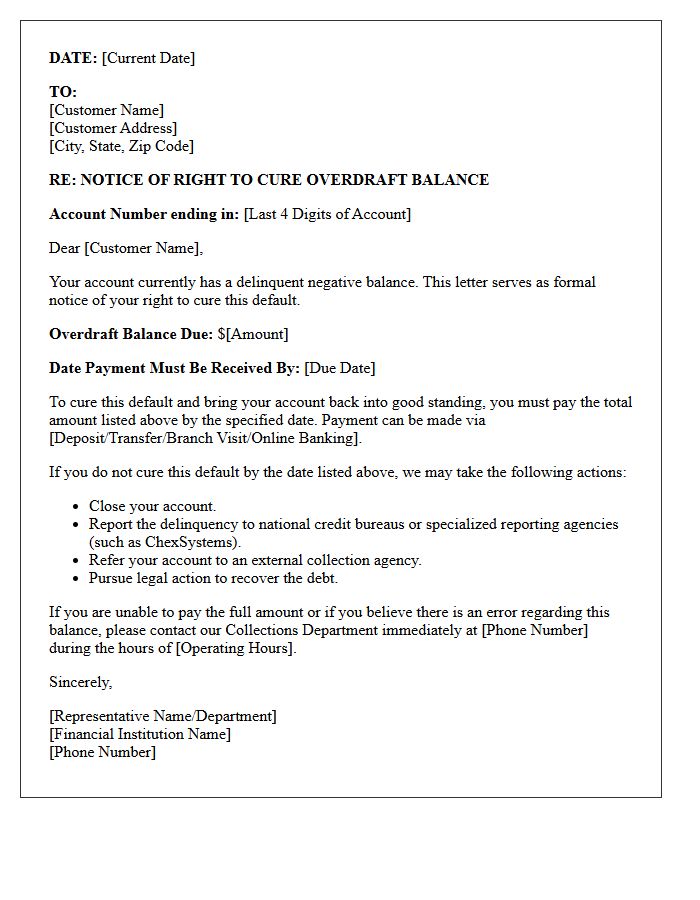 Delinquent Overdraft Balance Right to Cure Letter