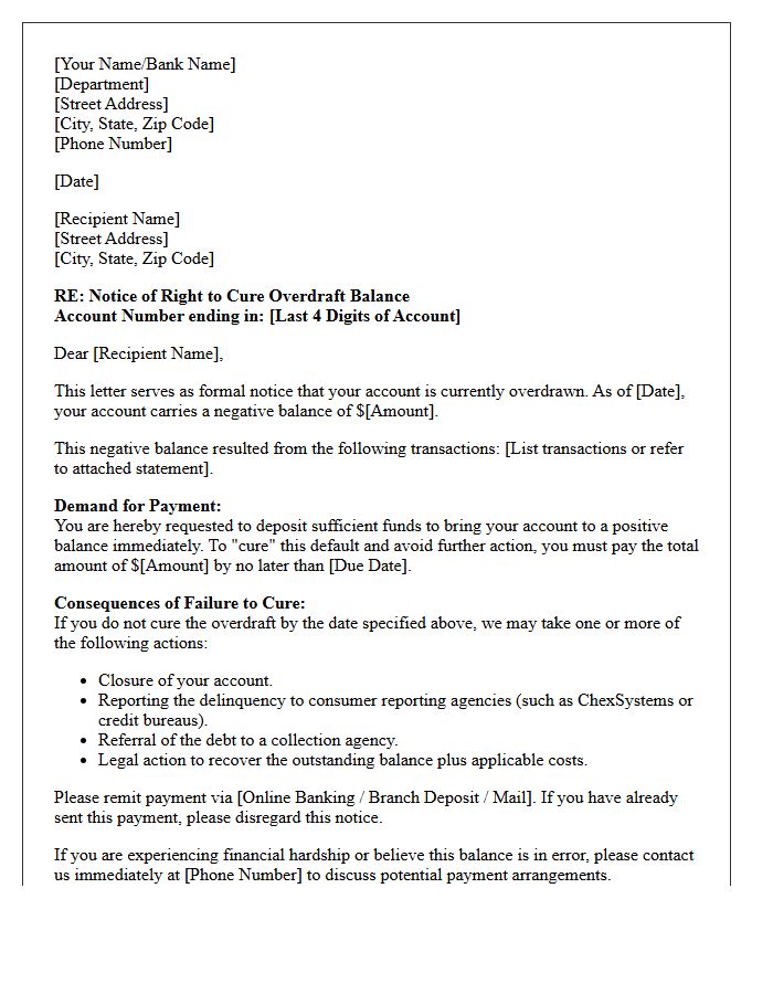 Demand and Right to Cure Overdraft Balance Letter