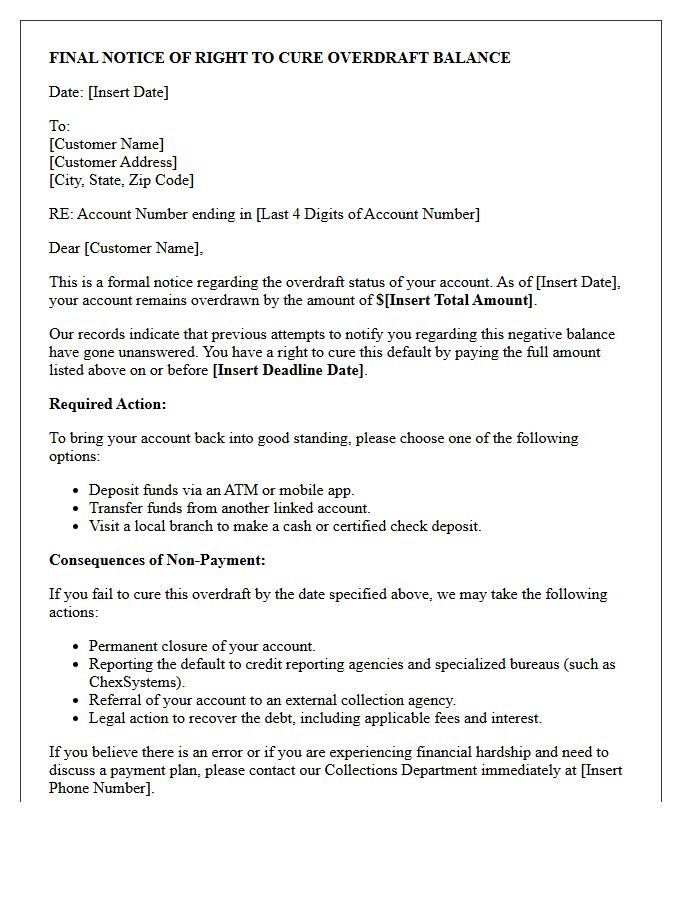 Final Notice of Right to Cure Overdraft Balance Letter