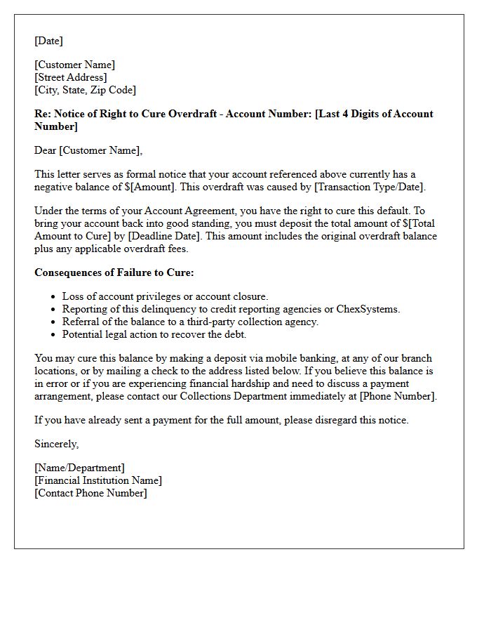 Notice of Right to Cure Overdraft Balance Letter