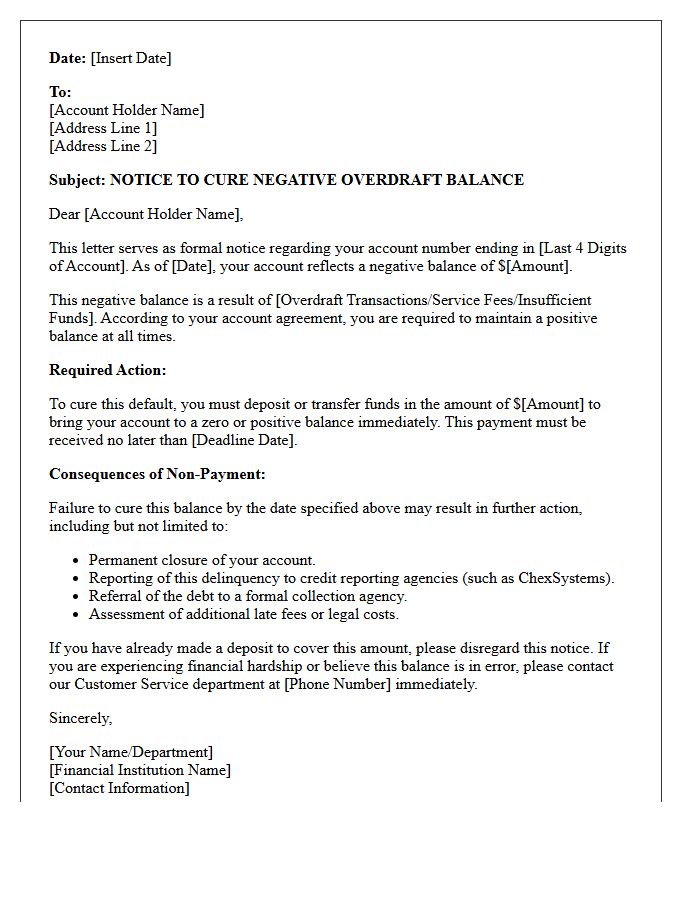 Notice to Cure Negative Overdraft Balance Letter