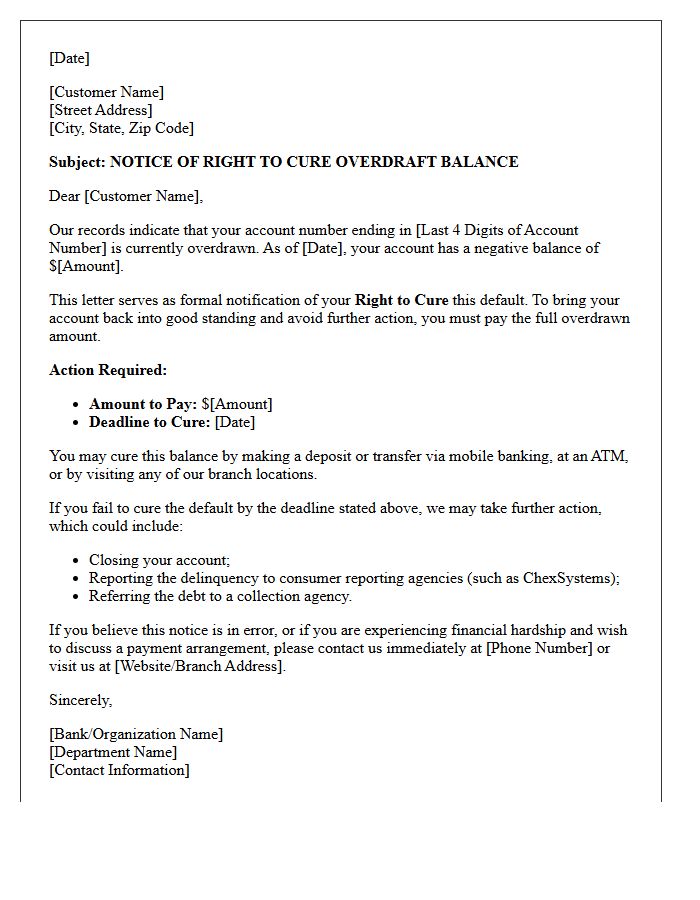 Overdraft Balance Right to Cure Notification Letter
