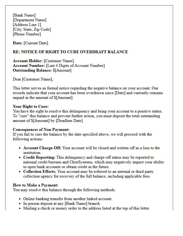 Pre-Charge-Off Right to Cure Overdraft Balance Letter