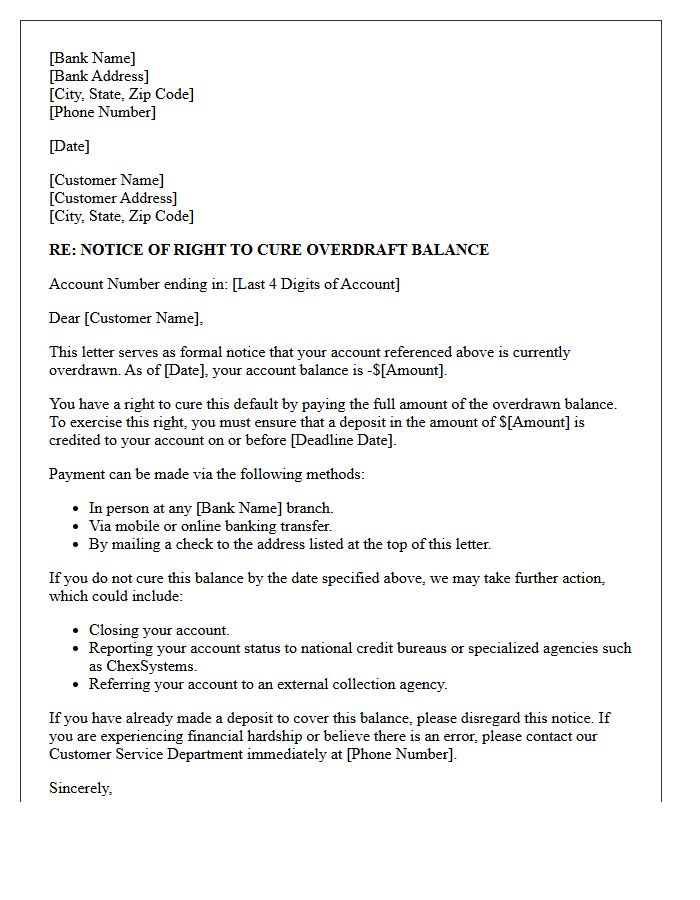 Retail Banking Right to Cure Overdraft Balance Letter