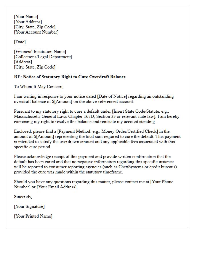 Statutory Right to Cure Overdraft Balance Letter